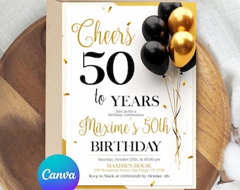 50th Birthday Invitation, 50th Invite, Gold Black Birthday Invite, Any Age Adult Birthday Invite, Printable Digital Editable Canva Template