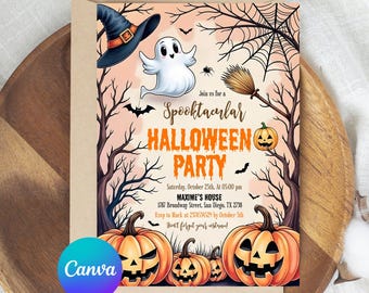 May include: Halloween party invitation with a witch's hat, ghost, spiderweb, and pumpkins. The invitation reads "Spooktacular Halloween Party" with event details. The Canva logo is in the bottom left corner.