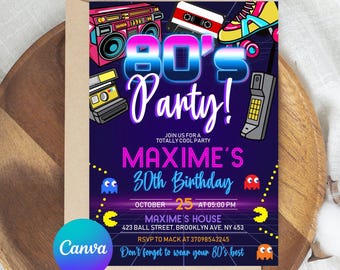 Editable 80's Birthday Invitation, 80's Party Invitation, 80's Invitation, 80’s Birthday Party Invitation with CANVA