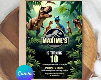 Invitación para fiesta de dinosaurios, invitación para Dinosaur World, fiesta de cumpleaños de niño dinosaurio, invitación para fiesta de T-Rex, cumpleaños jurásico (1.º, 3.º y 5.º), Canva editable