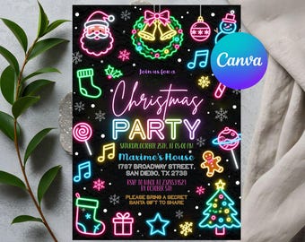 May include: A black Christmas party invitation with neon-style illustrations of Santa, ornaments, and a Christmas tree. The invitation includes the text "Christmas Party" and event details, with the Canva logo in the corner.