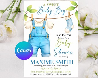 Edytowalne zaproszenie na baby shower dla chłopca, zaproszenie na baby shower z linii ubrań, minimalistyczne zaproszenie na baby shower, edytowalne natychmiastowe pobranie