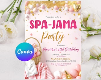 Editable Spa Jama Party Birthday Invitation Sleepover Birthday Invite Pink Girl Spa Tween Teen Digital Download Printable Template