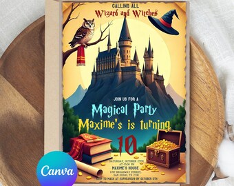 Bewerkbare magische verjaardagsuitnodiging, Wizards Witches verjaardagsuitnodiging sjabloon, afdrukbare Magic Wizardry Castle verjaardagsfeestje uitnodiging