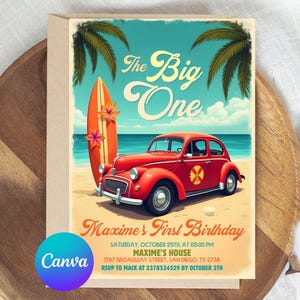 The Big One Electronic Invitation Editable Surfing Boy 1st Birthday Party Invite Retro Boy Surf Van Surfboard Beach Party Digital Download