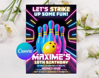 Plantilla editable de invitación de cumpleaños de bolos, invitación para una divertida fiesta de bolos, invitación de cumpleaños para niñas con brillo neón arcoíris