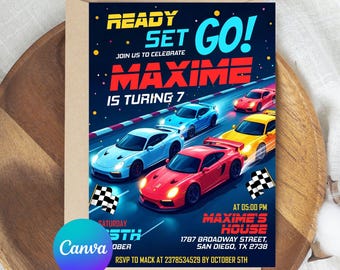 Invitación de cumpleaños editable de coche de carreras, fiesta de carreras, invitación de coche de carreras deportivo, invitación para niños, cumpleaños de coche, plantilla de Canva