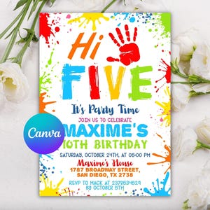 May include: A rectangular birthday invitation card featuring a white background with colorful paint splatters in red, blue, yellow, and green. The text reads Hi FIVE, It's Party Time, JOIN US TO CELEBRATE MAXIME'S 10TH BIRTHDAY, SATURDAY, OCTOBER 24TH, AT 05:00 PM, Maxime's House, 1787 BROADWAY STREET, SAN DIEGO, TX 2738, RSVP TO MACK AT 2378534529 BY OCTOBER 5TH.