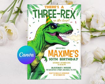 Dinosaur Birthday Invitation, Editable Three Rex Birthday Invite, Boys Third Birthday Dino Party, Three-Rex On The Loose