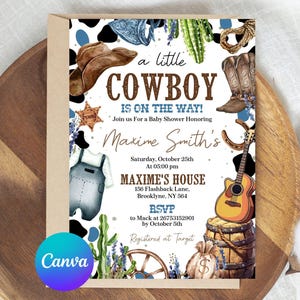 Editable Cowboy Baby Shower Invitation Set, A Little Cowboy Baby Shower Invite Pack, Wild West Western Boy Blue Outdoors Rodeo Country