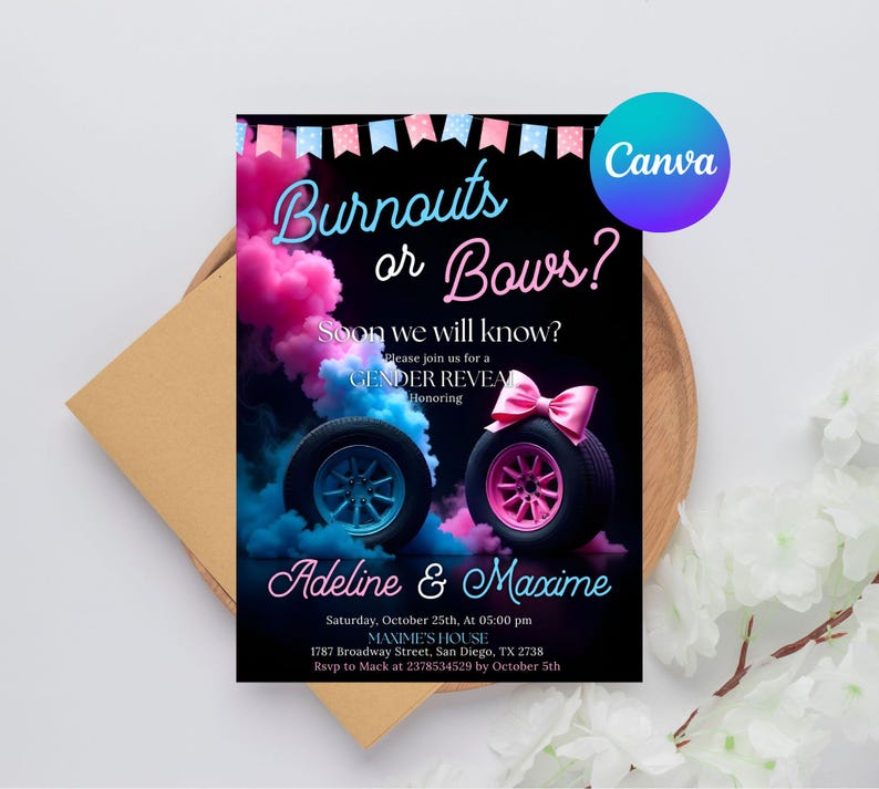 he or she invitation,gender reveal,burnouts or bows,burnouts bows invite,Pink or Blue invite,gender reveal party,Smoke Gender Reveal,Boy or Girl invite,burnouts baby shower,He or She invite,he or she,burnouts bows party,gender reveal invite