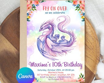 Editable Purple Dragon Invitation, Girl Dragon Birthday Party Invitation, Dragon Invitation, Purple Dragon, Instant Download