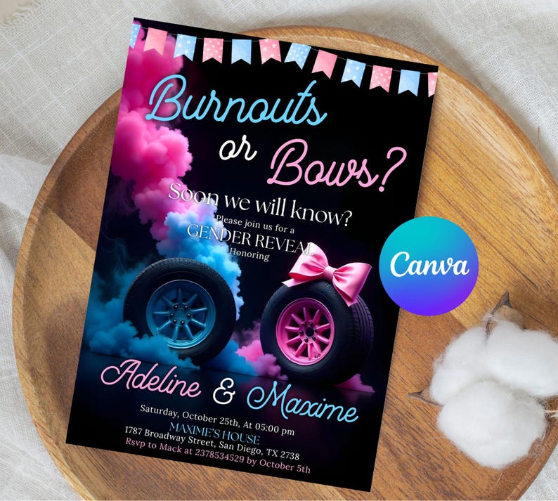 he or she invitation,gender reveal,burnouts or bows,burnouts bows invite,Pink or Blue invite,gender reveal party,Smoke Gender Reveal,Boy or Girl invite,burnouts baby shower,He or She invite,he or she,burnouts bows party,gender reveal invite