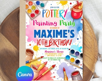 Pottery Art Birthday Party Invitation, Pottery Painting Birthday Invitation, Painting Artist Birthday, Arts And Crafts Party, Editable Canva