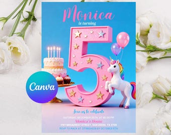 5th unicorn party invite, Editable 5th birthday invitation girl, Fifth birthday invite girl, Magical Party Invite Pastel rainbow invitation