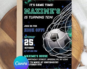 Plantilla editable de invitación de cumpleaños de fútbol, invitación de fútbol, invitación de fútbol infantil, descarga instantánea, Canva. Invitación de fútbol "Let's Kick it"