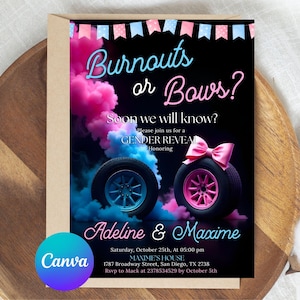 he or she invitation,gender reveal,burnouts or bows,burnouts bows invite,Pink or Blue invite,gender reveal party,Smoke Gender Reveal,Boy or Girl invite,burnouts baby shower,He or She invite,he or she,burnouts bows party,gender reveal invite