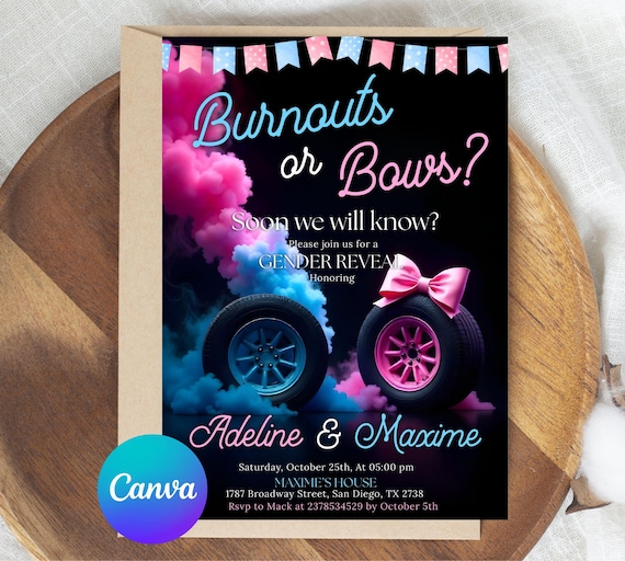 Burnouts or Bows Gender Reveal Baby Shower Invitation, Boy or Girl, He or She Gender Reveal Invite, Burnouts or Bows invitation, Canva