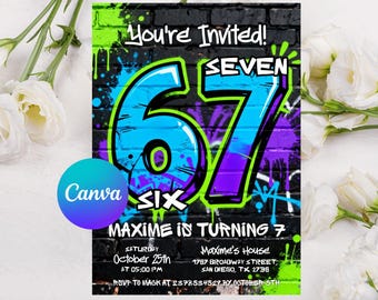 Invito per la festa di compleanno Six Seven, Meme 6 7, Meme di compleanno, 7° compleanno, Modello Canva modificabile, Download digitale, Stampabile