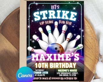 Editable Bowling Birthday Invitation, Glow Bowling Invitation, Neon Bowling Party, Boy Bowling Invite, Glow Invite, Strike Up Some Fun