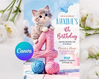 Cute Kitty Birthday Invitation, Kitty Birthday Invitation, Kitty Digital Birthday Invitation, Pink Kitty Birthday Theme, DIY In canva