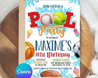 Editable Soccer Pool Birthday Invitation, Soccer Birthday Invitation, Pool Birthday Invitation, Boy Sports Summer Birthday, Instant Download