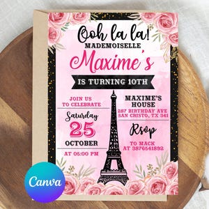 Convite de Paris, Convite de Aniversário de Paris, Convite para Festa de Paris, Convite com Tema Francês, Editável no Canva