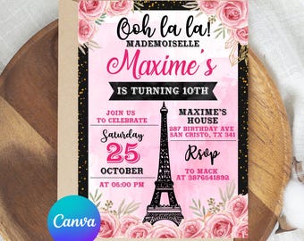 Paris Invitation, Paris Birthday Invitation, Paris Party Invite, French Theme Invitation, Editable in Canva
