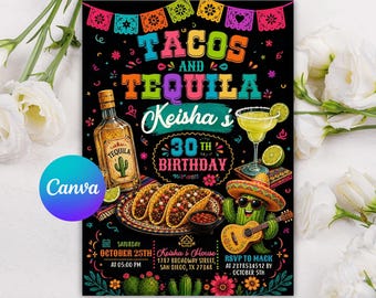 Taco and Tequila Birthday Invitation, Mexican Invitation, Fiesta Invitation, Party Invite, Instant Download, Digital File, Editable Canva