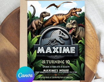 Invitación de cumpleaños de dinosaurio, invitación para fiesta de aventuras de dinosaurios, invitación de cumpleaños infantil personalizada de T-Rex, plantilla editable de Canva, descarga digital