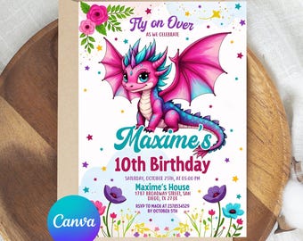 Dragon Birthday Invitation,Purple Dragon Invitation,Dragon Invitation,Dragon Birthday Party,Instant Download,Editable,Canva Template