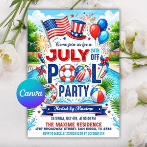 May include: A colorful July 4th pool party invitation with patriotic imagery. Features an American flag, Uncle Sam hat, balloons, fireworks, and pool-themed graphics. The invitation includes the text "July Pool Party" and event details.