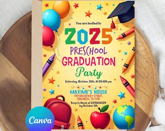 Invitación de graduación de preescolar, invitación de graduación de preescolar, invitación de graduación de preescolar de la generación de 2025, invitación editable en Canva