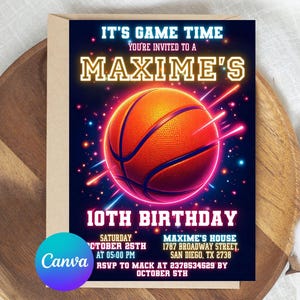 Neon Basketball Birthday Invitation, Basketball Birthday, Basketball Birthday Card, Basketball Birthday Party, Its Game Time, Sports Invite