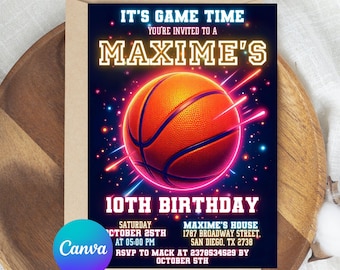 Neon Basketball Birthday Invitation: Game Time, Sports Party (PDF File)