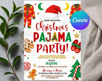Christmas Pajama Party Invitation, Christmas Party Invitation, Pajamas Invitation, Holiday Party Invite, Xmas Party, Editable Canva Template