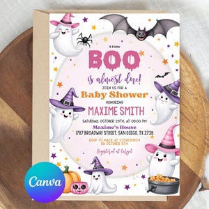 Editable Pink A Little Boo Baby Shower Invitation Bundle, Girl Halloween Baby Shower Invite, Ghost Halloween Baby Shower Invite