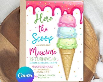 Ice Cream Birthday Invitation for Girl Birthday Invite, Ice Cream Party Invitation, Here's the Scoop Pink Purple Mint, Ice Cream Canva