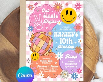 Editable Peace Out Single Digits Checkered Smile Face Invitation Retro Groovy 10th Birthday Invitation Hippie Disco Party PRINTABLE DOWNLOAD