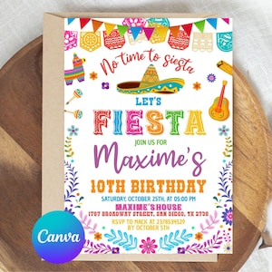 May include: A colorful invitation with a fiesta theme. The design includes a sombrero, guitar, and maracas. Text reads "Let's Fiesta" and "Maxime's 10th Birthday". The Canva logo is in the bottom left corner. The invitation is on a wooden surface.