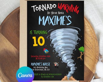 Editable Tornado Birthday Party Invitation, Birthday Invitations, Tornado Party, Tornado Birthday, Tornado Invitations, with CANVA