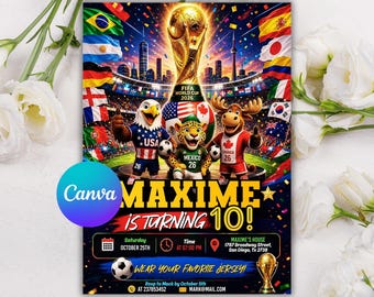 Invitación a fiesta de fútbol del Mundial 2026, invitación de cumpleaños número 10 de fútbol, invitación a fiesta para ver el partido, fiesta de partido de la FIFA, cumpleaños de fútbol, Canva editable