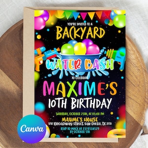 Può includere: Un invito colorato per una festa acquatica in giardino, per celebrare il 10° compleanno di Maxime. Il design presenta pistole ad acqua, palloncini e il testo "Water Bash". L'invito include data, ora e luogo.