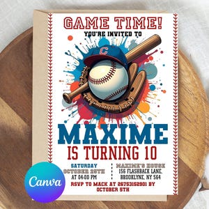 May include: Baseball-themed invitation card with the text "Game Time!" and "Maxime is Turning 10." The design features a baseball, bat, glove, and a baseball cap with a "C" logo. The invitation includes event details.