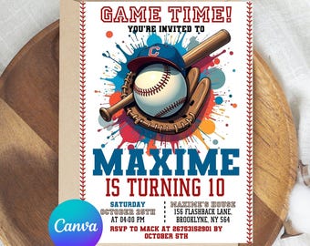 Könnte beinhalten: Baseball-Themen-Einladung mit dem Text "Game Time!" und "Maxime wird 10." Das Design zeigt einen Baseball, einen Schläger, einen Handschuh und eine Baseballkappe mit einem "C"-Logo. Die Einladung enthält Veranstaltungsdetails.