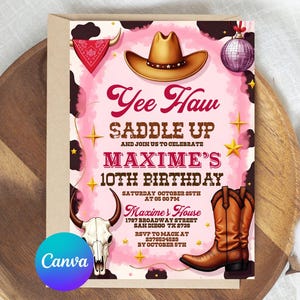 Pink Cowgirl Birthday Invitation, Cowgirl Hoedown Birthday Party Invite, Pink Disco Cowgirl Hoedown Party , Disco Rodeo Invite, Nashville