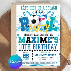 Faire-part d'anniversaire de football piscine modifiable, faire-part d'anniversaire de football, faire-part d'anniversaire de piscine, invitation d'anniversaire d'été sport garçon, numérique