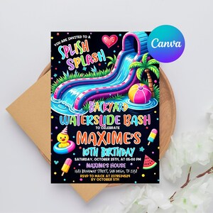 Waterslide Birthday Invitation, Boy Girl Splash Party Invite, Splash Birthday Evite, Waterslide Bash Modern Canva Template