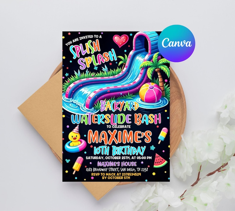 Waterslide Birthday Invitation, Boy Girl Splash Party Invite, Splash Birthday Evite, Waterslide Bash Modern Canva Template