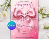 Pink Bow Birthday Invitation, Girl Pink Birthday Invite, Coquette Pink Bow Invitation, Pink Girl Ribbon Birthday Invitation, Editable Canva
